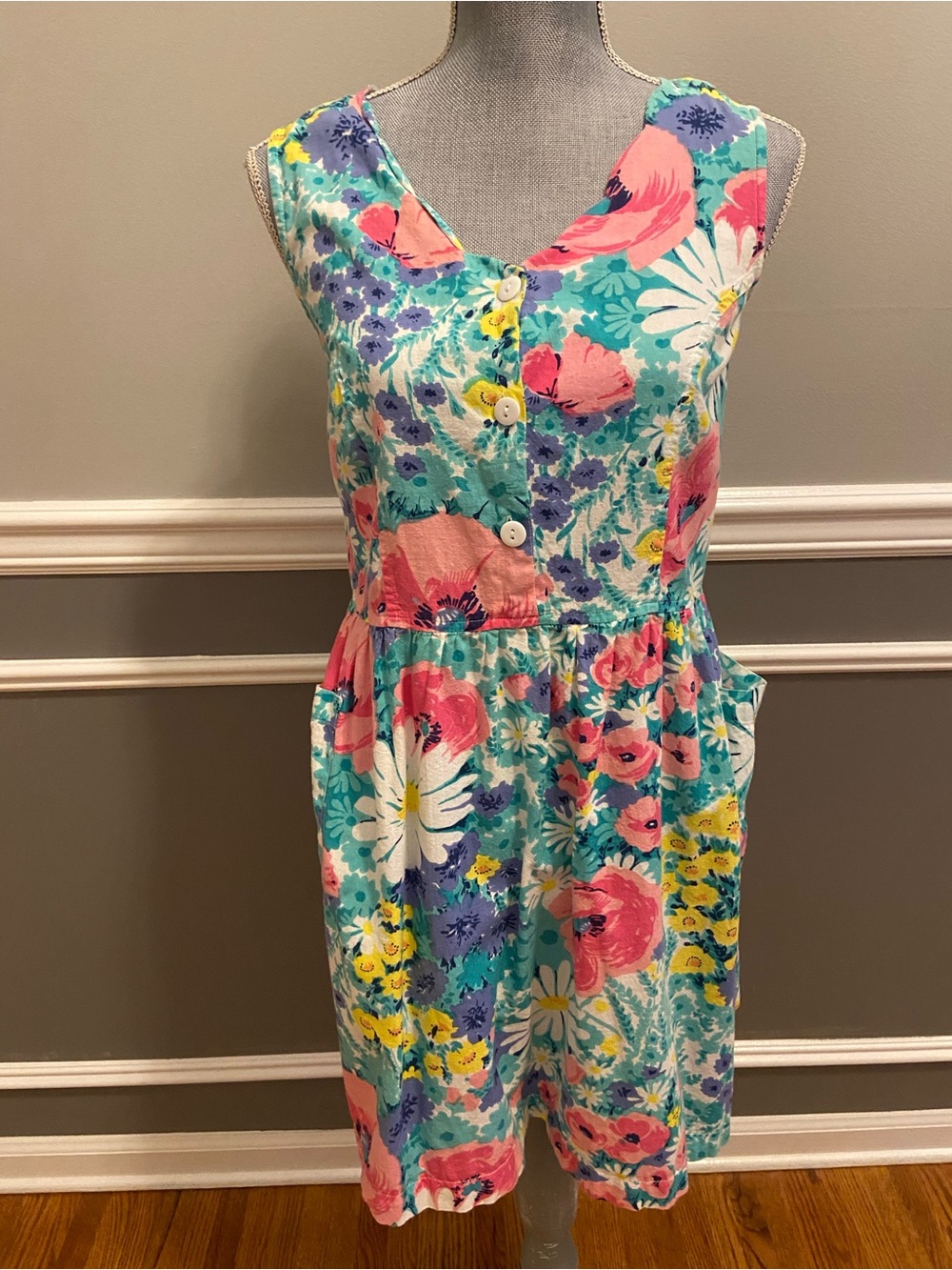Vintage 90’s Dress Colorful Florals 100% Cotton Women’s Size Medium  By La Cera